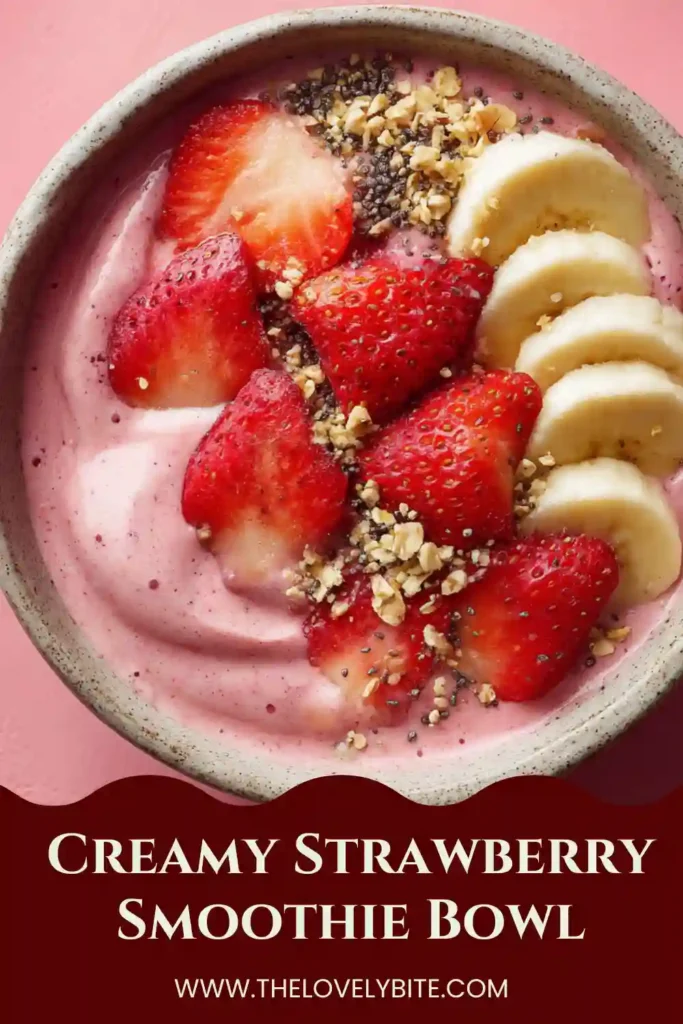 A dairy-free creamy strawberry smoothie bowl served with crunchy granola and fresh toppings. Ideal for a nutritious vegan breakfast.