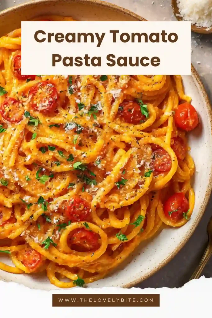 Creamy Tomato Pasta Sauce served over penne pasta with fresh basil and grated cheese. The velvety tomato cream sauce creates a cozy and satisfying pasta dinner.