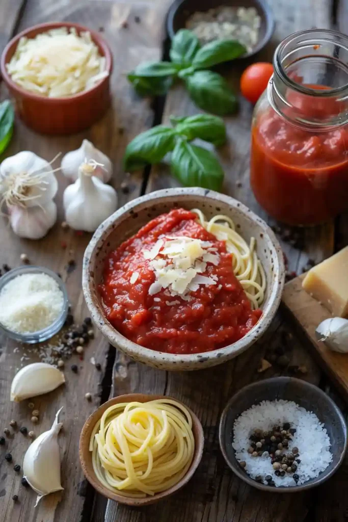 A bowl of creamy tomato pasta coated in a rich tomato cream sauce and topped with freshly grated Pecorino Romano and basil leaves. The silky pasta sauce looks smooth, comforting, and full of Italian-inspired flavor.
