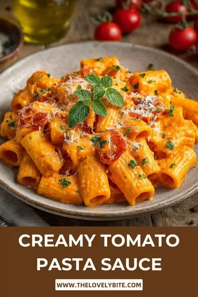 Close-up of creamy tomato pasta with garlic, cream, and tomato passata in a smooth homemade sauce. Fresh basil and Pecorino Romano add extra flavor and texture.