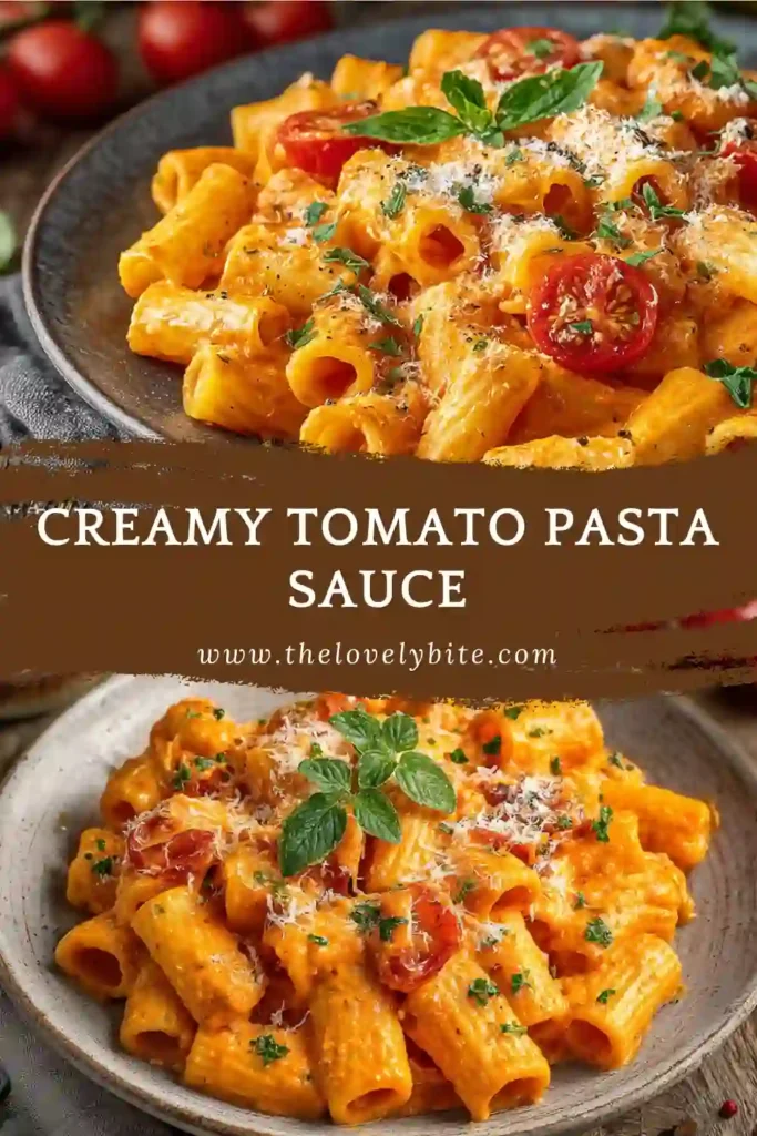 Homemade creamy tomato pasta recipe in a serving bowl with rich tomato sauce, heavy cream, and Italian cheese. This comforting pasta dish is perfect for an easy weeknight meal.