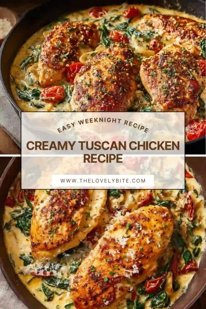 A close-up of Creamy Tuscan Chicken with wilted spinach and juicy cherry tomatoes in a creamy garlic sauce. This comforting chicken skillet recipe looks rich and flavorful.