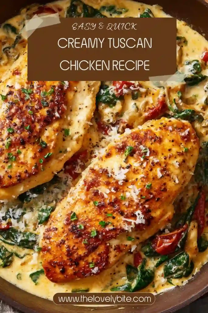 Creamy Tuscan Chicken served in a skillet with garlic Parmesan sauce, spinach, and cherry tomatoes. The chicken is golden brown and covered in a rich creamy sauce perfect for dinner.