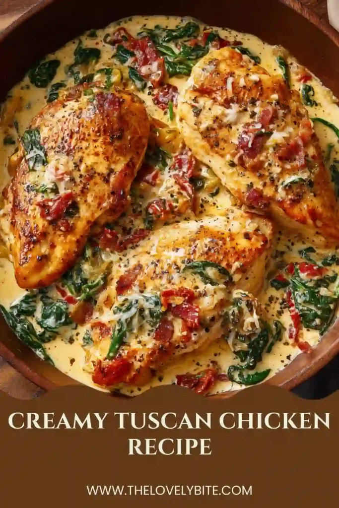 Creamy Tuscan Chicken plated with Parmesan cream sauce and fresh spinach. Tender chicken breasts are cooked in a rich Italian-inspired sauce with tomatoes and garlic.