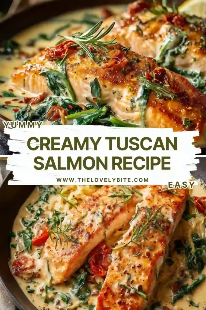Close-up of creamy salmon fillets cooked in a Tuscan-inspired cream sauce with spinach and parmesan cheese. This skillet salmon recipe is rich, savory, and satisfying.
