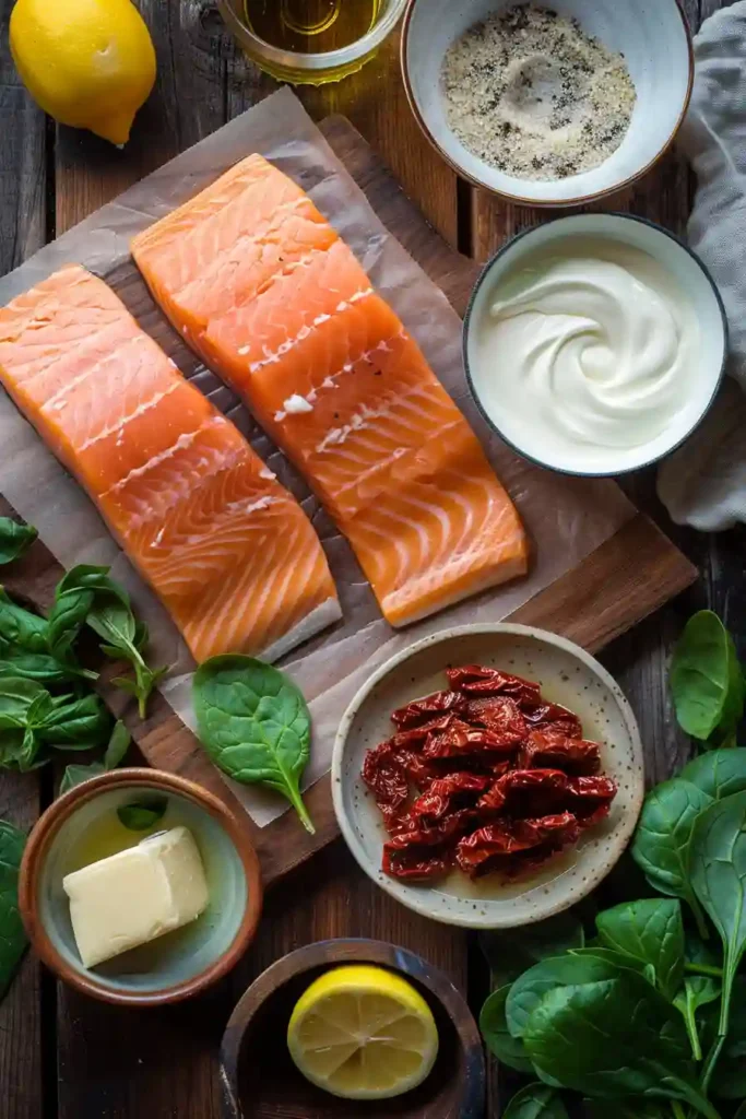 Creamy Tuscan Salmon plated with spinach and sun-dried tomatoes in a silky garlic cream sauce. A comforting one-pan salmon meal with bold Italian-inspired flavors.