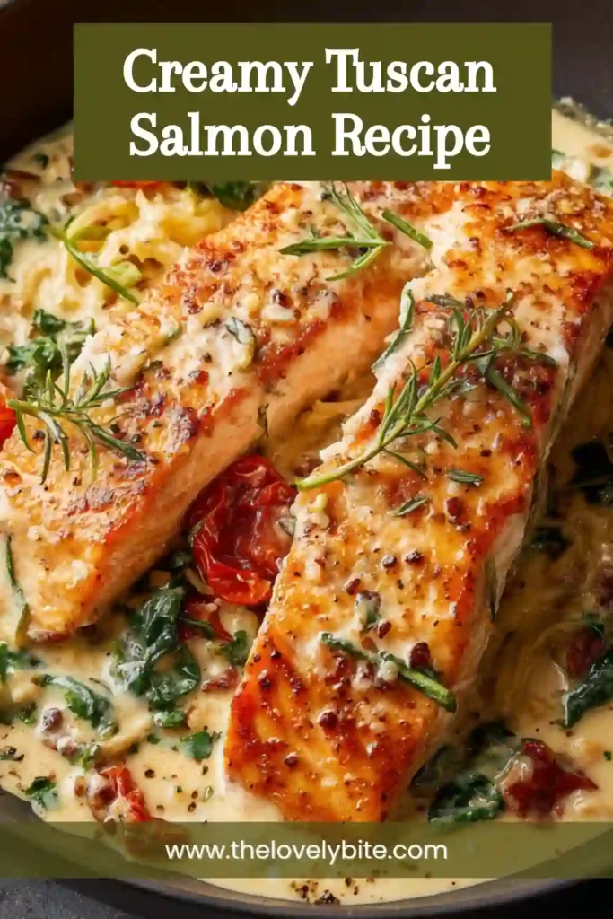 Creamy Tuscan Salmon served in a skillet with rich garlic cream sauce, fresh spinach, and sun-dried tomatoes. This easy salmon dinner looks comforting, creamy, and full of flavor.