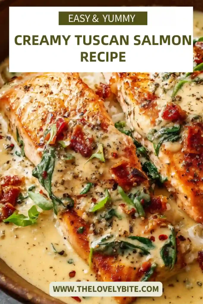 Creamy Tuscan Salmon plated with spinach and sun-dried tomatoes in a silky garlic cream sauce. A comforting one-pan salmon meal with bold Italian-inspired flavors.