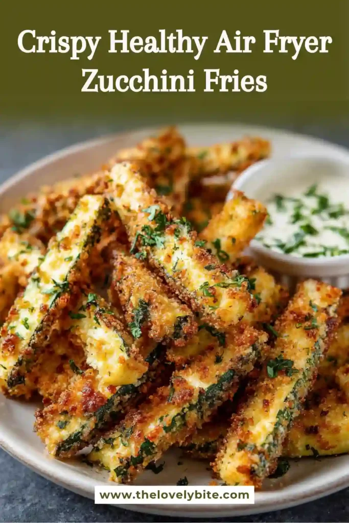 Close-up of air fryer zucchini fries coated in parmesan and almond flour, showing a crispy texture.