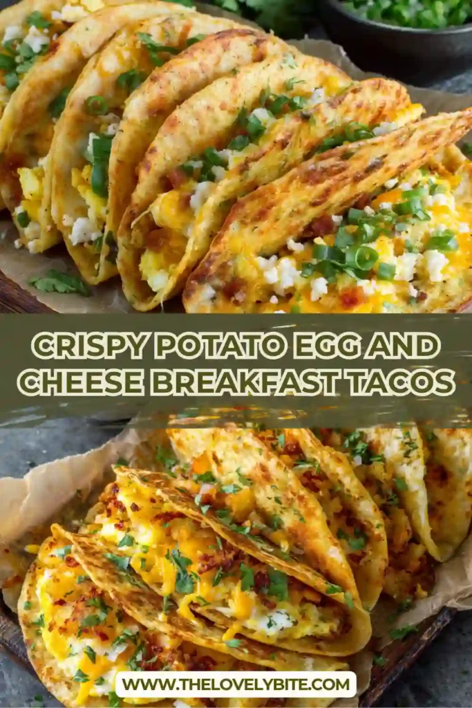 Crispy Potato Egg and Cheese Breakfast Tacos served with avocado slices and lime wedges on a plate. The tacos are golden brown with melted cheddar cheese and fluffy scrambled eggs inside.