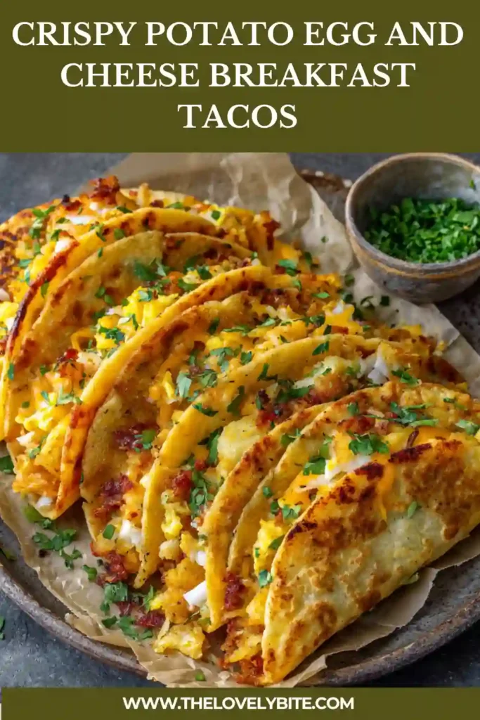 Golden crispy breakfast tacos filled with potatoes, scrambled eggs, cheddar cheese, onions, and jalapeños. Fresh avocado and lime wedges add bright flavor and texture.