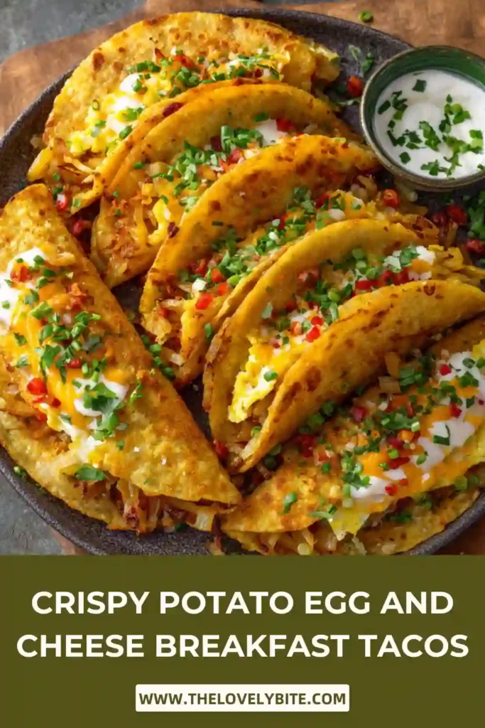 Close-up of Crispy Potato Egg and Cheese Breakfast Tacos cooked until perfectly crispy and stuffed with cheesy eggs and potatoes. A hearty and easy breakfast recipe.