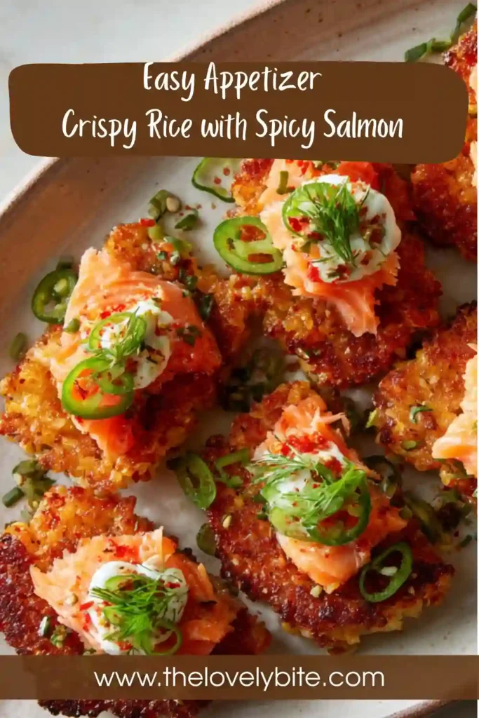 Close-up of crispy rice squares with spicy salmon mixture and sesame seeds. The texture appears crunchy and rich.