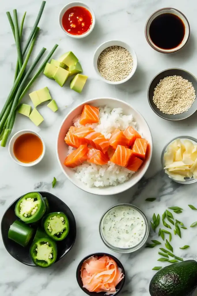 Crispy Rice with Spicy Salmon topped with avocado and jalapeño slices on a serving platter. The golden rice contrasts with the creamy spicy salmon topping.