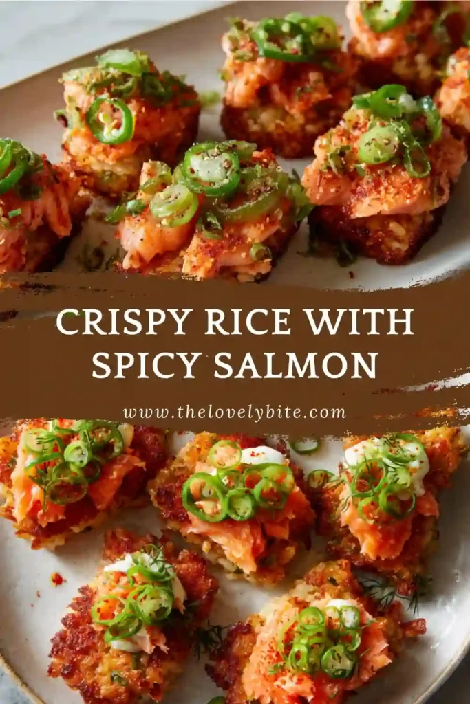 Sushi-style crispy rice bites with spicy salmon, avocado, and chili drizzle arranged beautifully. Perfect appetizer presentation.
