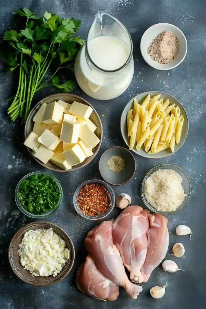 A bowl of creamy Crock Pot Chicken Alfredo Recipe with tender shredded chicken and penne pasta coated in rich alfredo sauce. The dish looks warm and comforting with parmesan garnish.