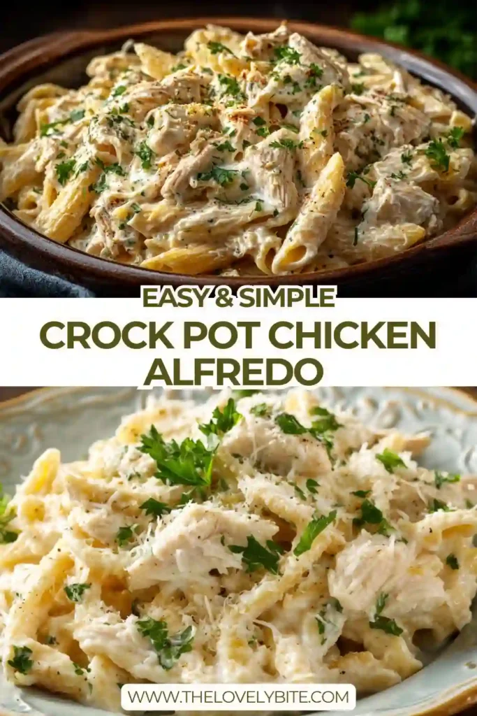 Close-up of slow cooker chicken alfredo pasta showing creamy texture and perfectly cooked chicken pieces mixed with pasta.