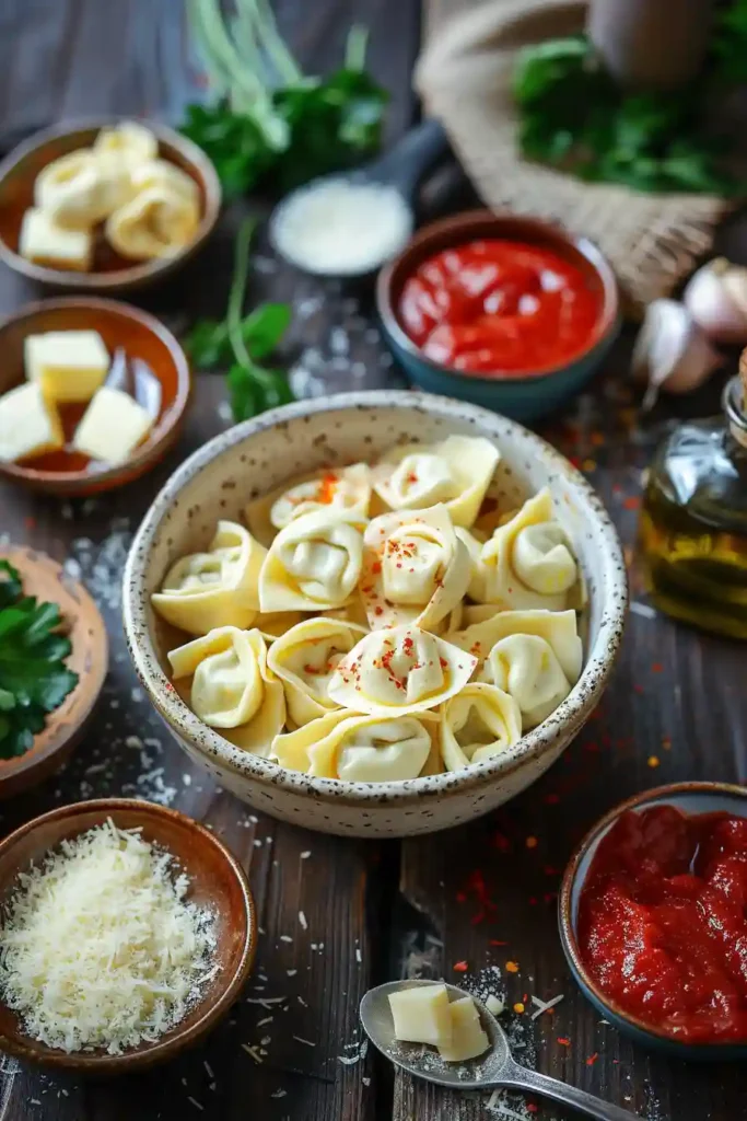 Golden baked tortellini party snacks served with marinara dipping sauce on a rustic platter. The crispy Parmesan coating gives these cheesy tortellini bites a delicious crunchy texture.