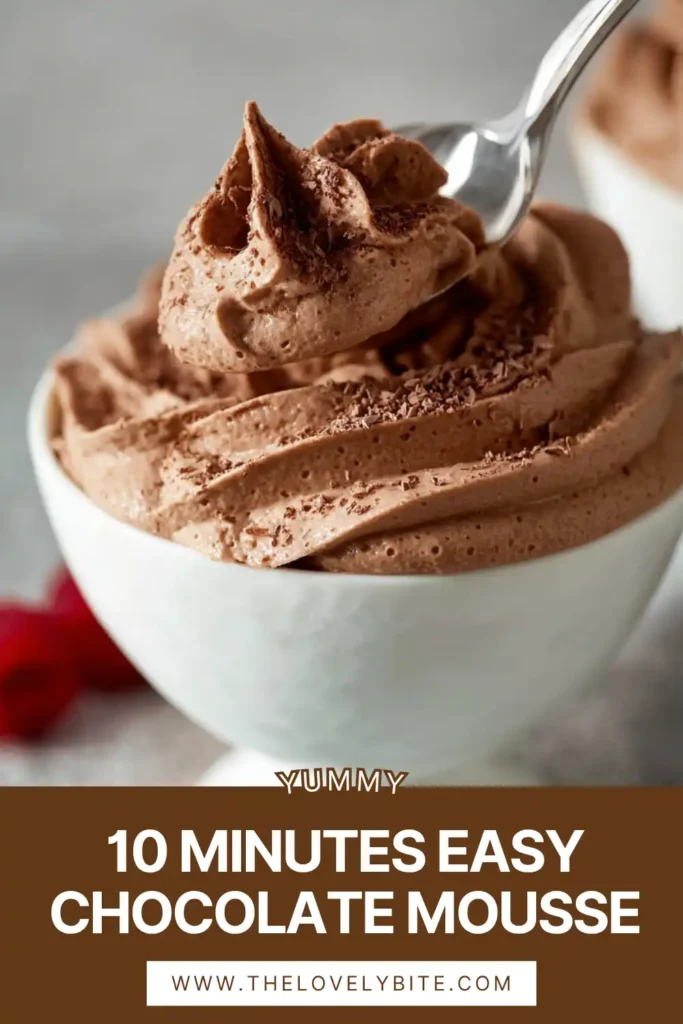 A bowl of easy chocolate mousse with a smooth, creamy texture topped with cocoa powder. This simple dessert highlights a rich chocolate flavor and airy consistency.