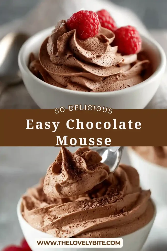 Close-up of easy chocolate mousse piped into a glass, showing light and fluffy texture. A quick no bake chocolate dessert perfect for gatherings.
