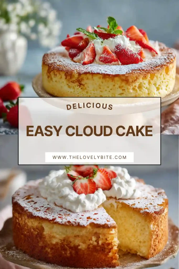 Easy Cloud Cake sliced with strawberries on top, showing its soft and fluffy texture inside.
