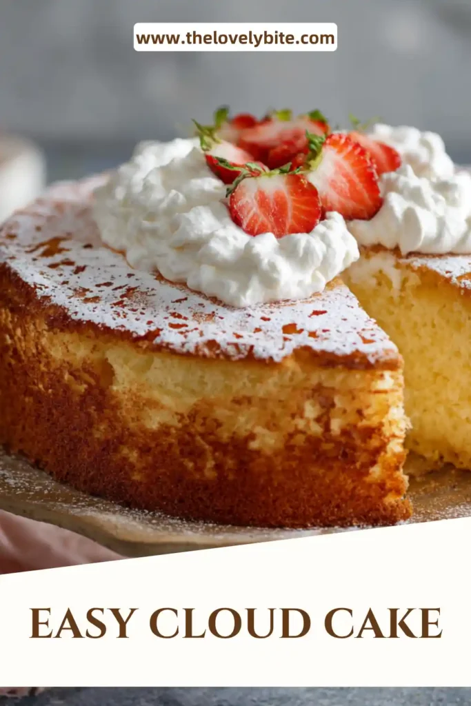 Light and airy Easy Cloud Cake dusted with powdered sugar and served on a white plate.