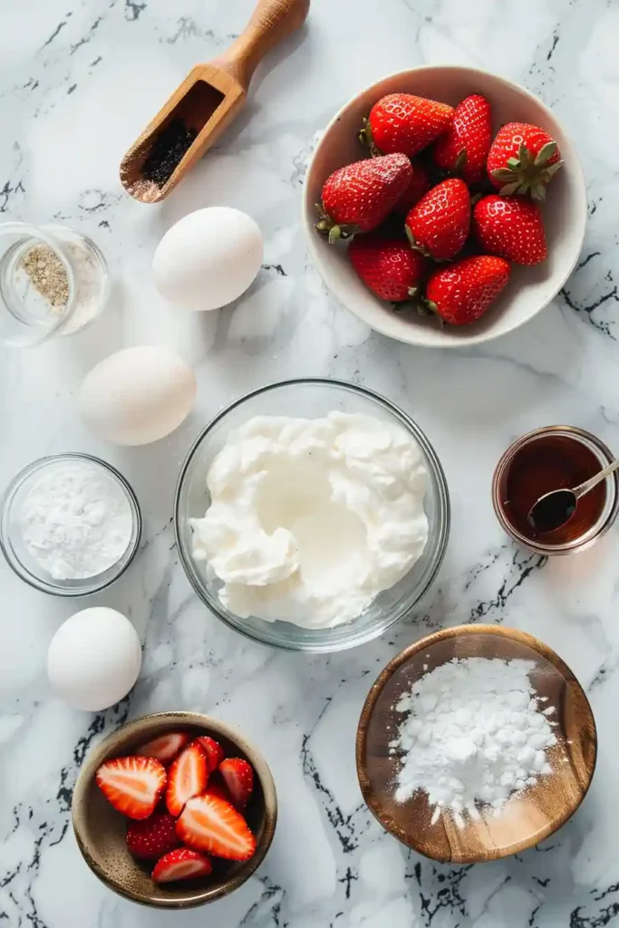 Homemade Easy Cloud Cake topped with fresh strawberries and powdered sugar for serving.