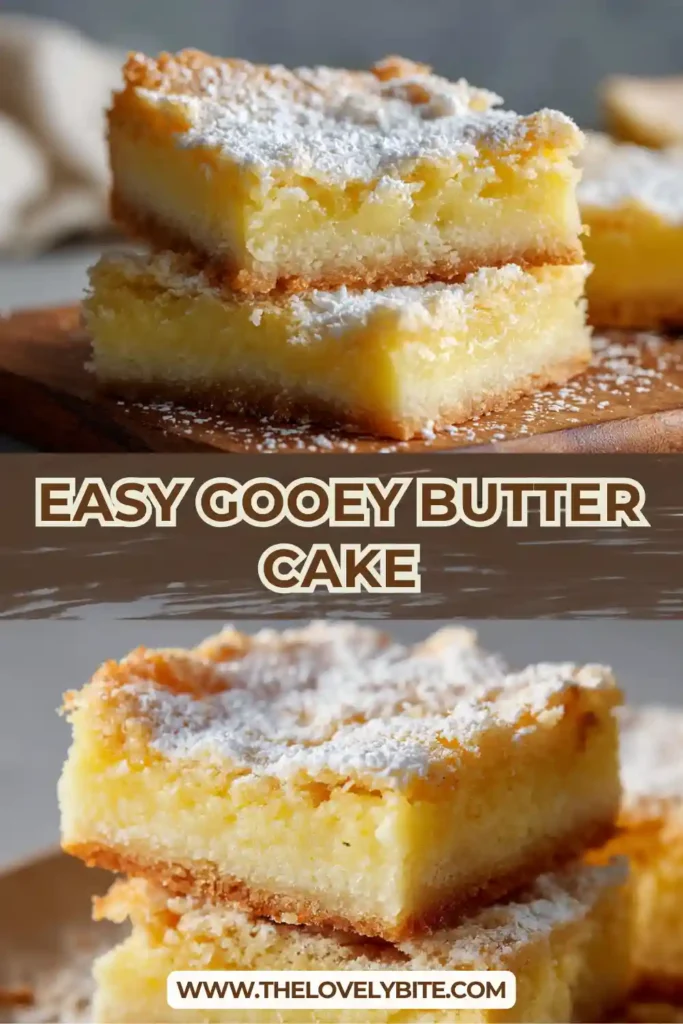 Close-up of homemade Easy Gooey Butter Cake with cream cheese filling and golden edges. This buttery dessert bar looks soft, rich, and delicious.