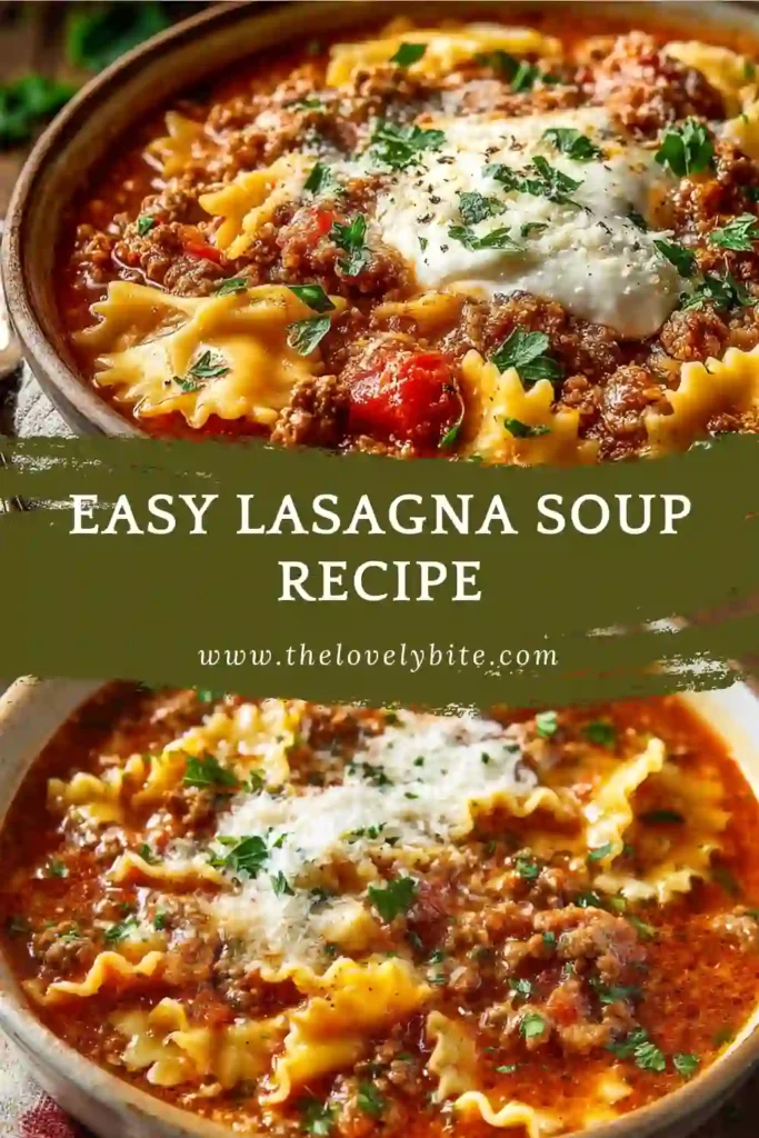 A bowl of Easy Lasagna Soup Recipe topped with ricotta cheese, mozzarella, Parmesan, and fresh parsley. The soup is filled with hearty ground beef, pasta, and rich tomato broth.