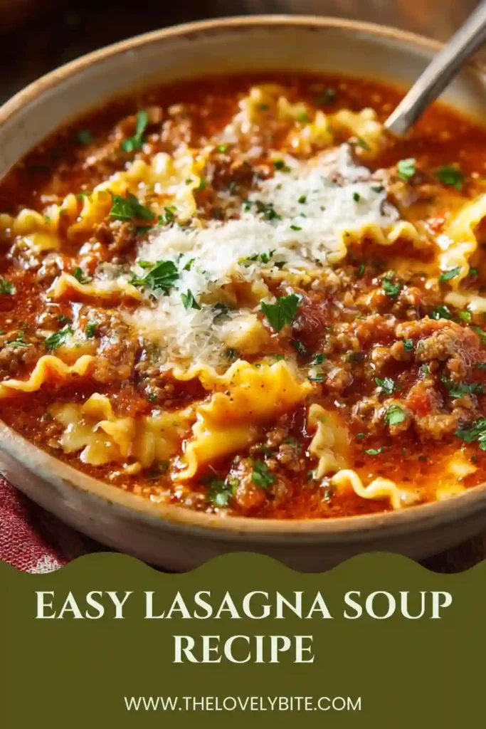 Close-up of homemade lasagna soup served with melted mozzarella, ricotta cheese, and fresh parsley. This cozy pasta soup is rich, hearty, and perfect for family meals.