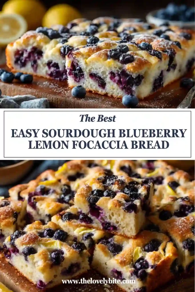 Sweet sourdough focaccia bread filled with fresh blueberries and lemon zest on a cooling rack. The soft bread is finished with glossy lemon glaze and crisp golden edges.