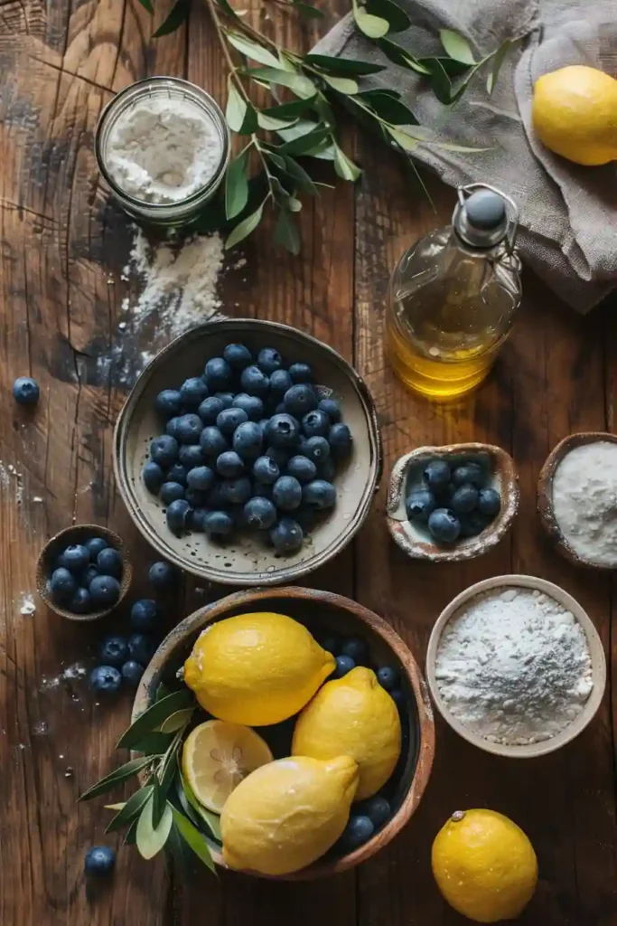 A freshly baked Easy Sourdough Blueberry Lemon Focaccia Bread topped with juicy blueberries and drizzled with lemon glaze. The golden focaccia has airy texture and bright citrus flavor.