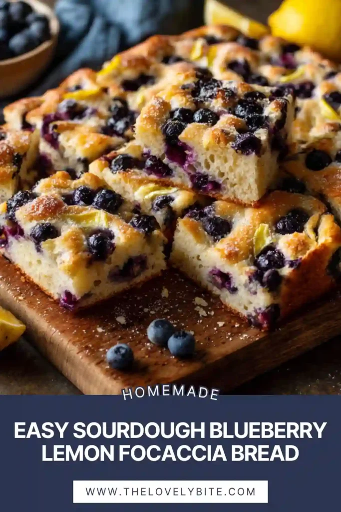 Homemade Easy Sourdough Blueberry Lemon Focaccia Bread sliced and served with lemon glaze. The airy crumb and fresh blueberry topping create a bakery-style appearance.