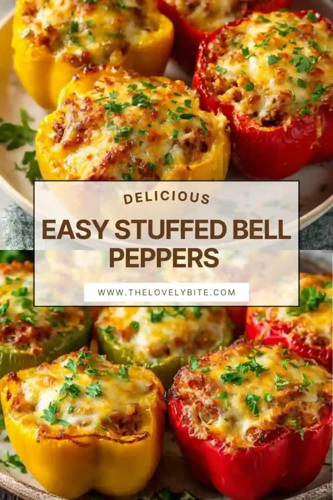 Easy stuffed bell peppers filled with ground beef, rice, and melted cheese baked until golden and tender. A hearty and colorful dinner dish.