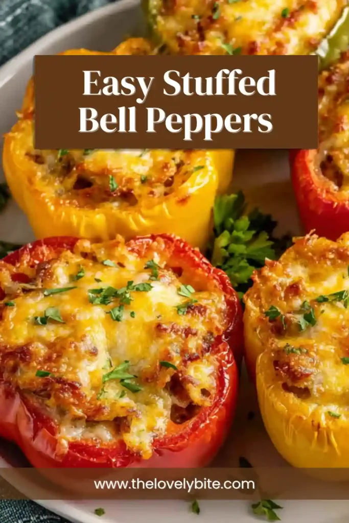 Baked stuffed bell peppers with savory beef and rice filling topped with melted cheddar jack cheese and fresh parsley.