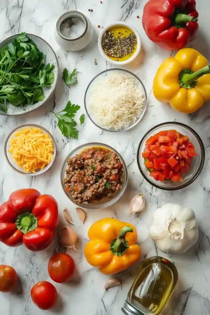 Homemade stuffed bell peppers with seasoned ground beef and rice, garnished with parsley and melted cheese.