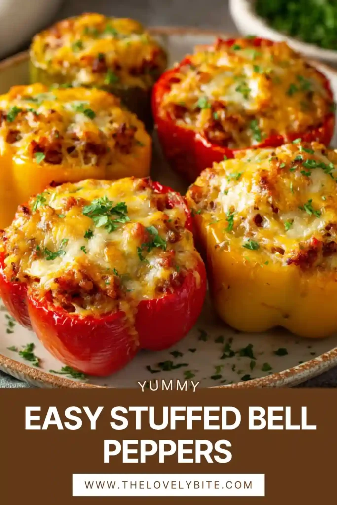 Close-up of easy stuffed bell peppers recipe showing juicy beef filling and perfectly roasted peppers.