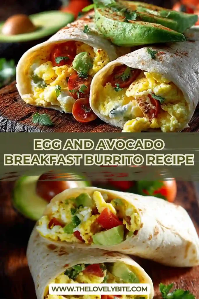 Close-up of a homemade Egg and Avocado Breakfast Burrito served warm with scrambled eggs, avocado, and salsa. The tortilla is perfectly wrapped and packed with flavorful breakfast ingredients.