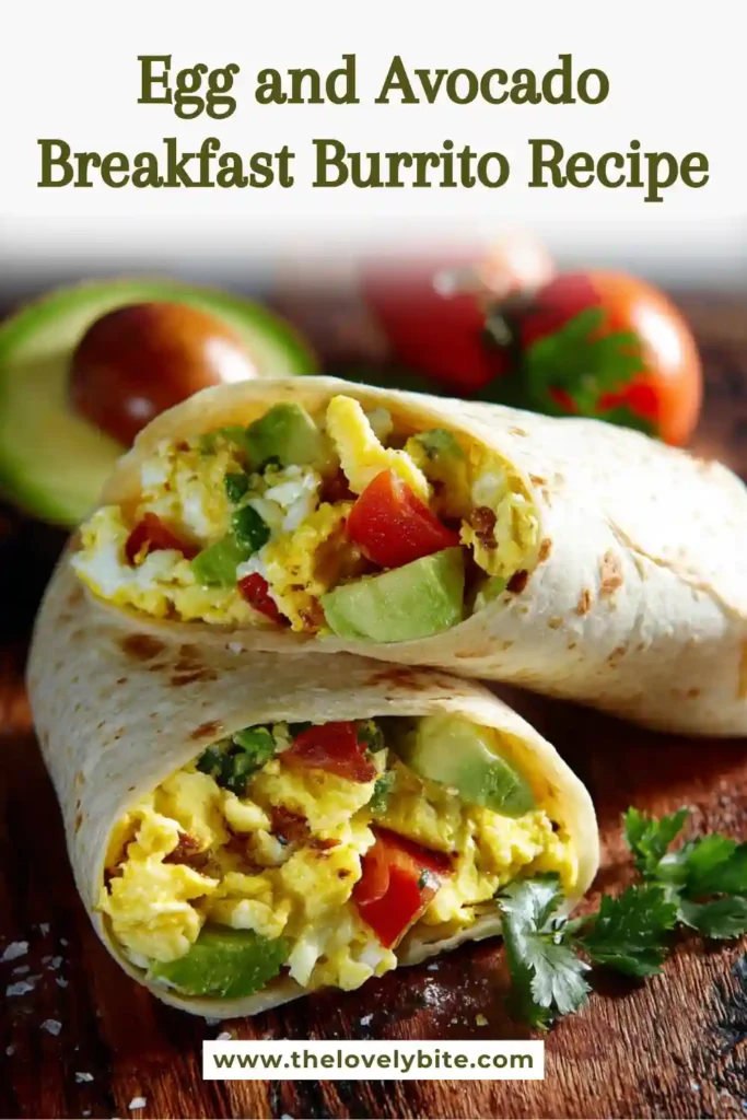 Freshly prepared Egg and Avocado Breakfast Burrito on a plate with creamy avocado, fluffy eggs, and spicy jalapeno filling. This easy breakfast burrito is ideal for busy mornings.