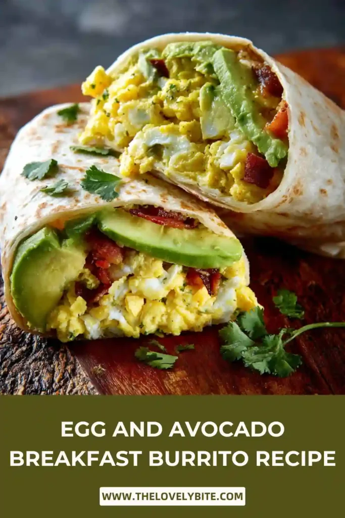 A healthy Egg and Avocado Breakfast Burrito stuffed with scrambled eggs, avocado slices, onions, and salsa. The soft tortilla wraps the flavorful breakfast filling perfectly.