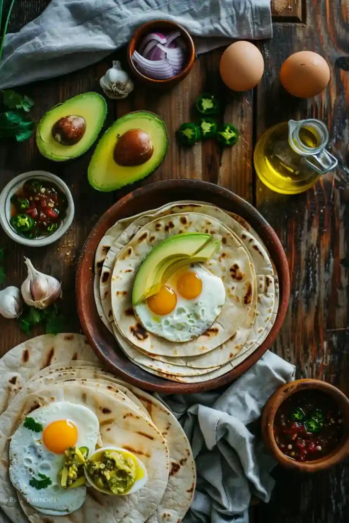 A warm Egg and Avocado Breakfast Burrito filled with fluffy scrambled eggs, creamy avocado slices, salsa, and sautéed vegetables wrapped in a soft flour tortilla. This healthy breakfast burrito looks fresh and satisfying.