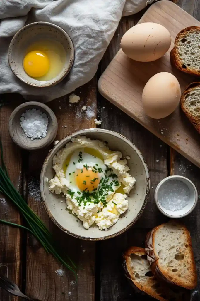 Creamy scrambled eggs mixed with ricotta cheese served on toasted sourdough bread and topped with fresh chives.