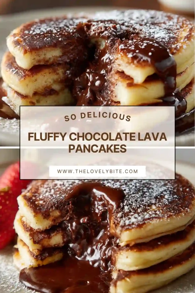 Golden Fluffy Chocolate Lava Pancakes served warm with maple syrup and molten chocolate filling. Fresh berries and butter complete the decadent breakfast presentation.