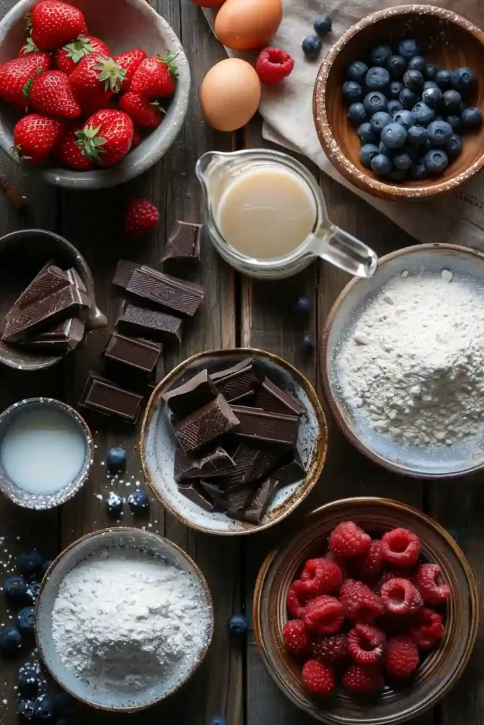 A stack of Fluffy Chocolate Lava Pancakes with melted dark chocolate flowing from the center, topped with powdered sugar and fresh berries. The pancakes look soft, airy, and rich.