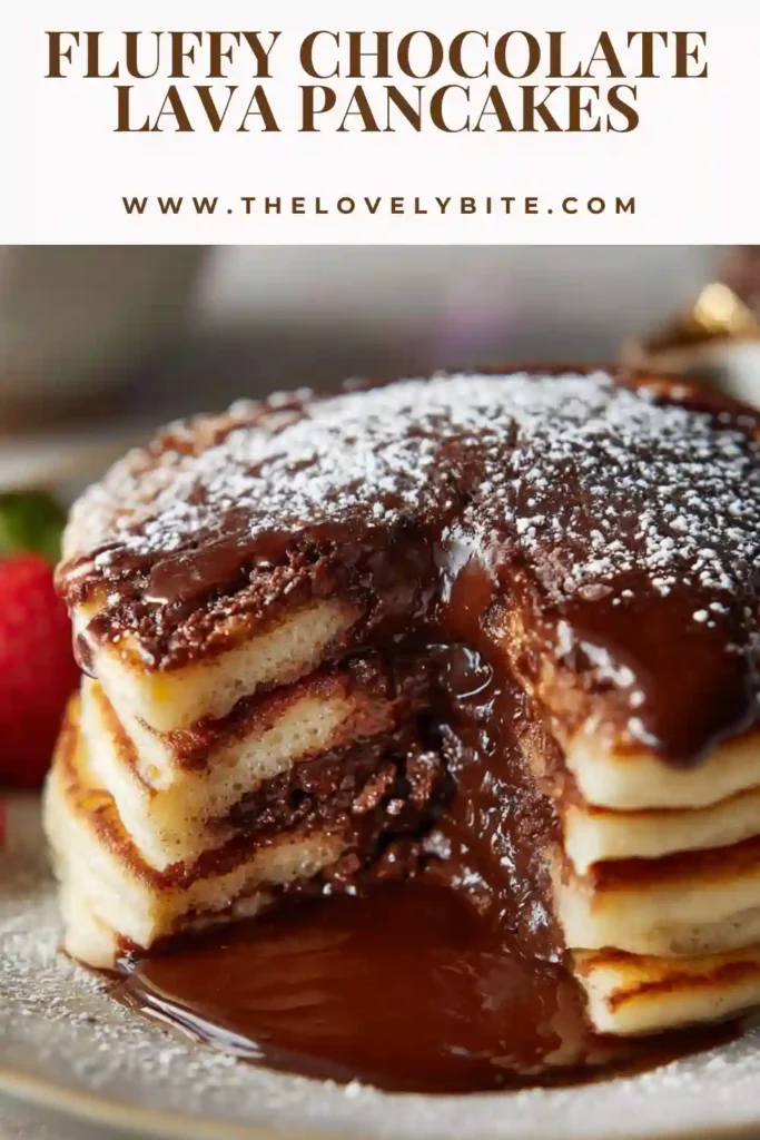 Close-up of homemade chocolate stuffed pancakes with gooey lava chocolate center and powdered sugar topping. The fluffy texture and rich filling make this breakfast irresistible.