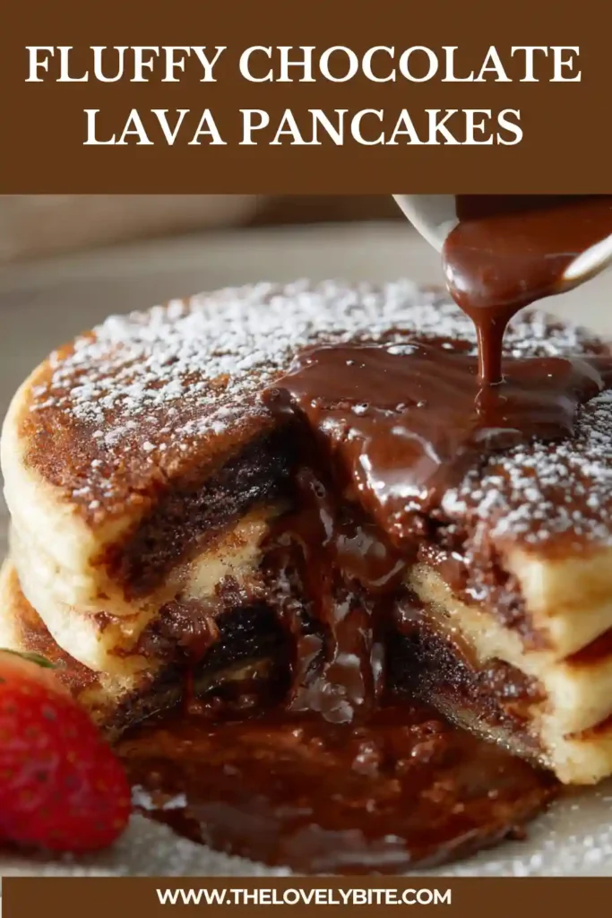 Freshly cooked Fluffy Chocolate Lava Pancakes with dark chocolate ganache center on a breakfast plate. Served with strawberries, butter, and maple syrup for a cozy brunch meal.