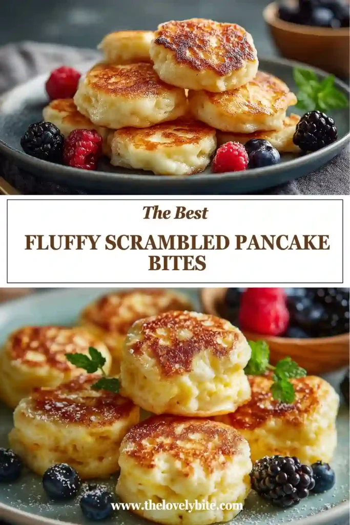 A plate of Fluffy Scrambled Pancake Bites served warm with maple syrup and fresh berries. These golden pancake bites look soft, airy, and perfect for a cozy breakfast.