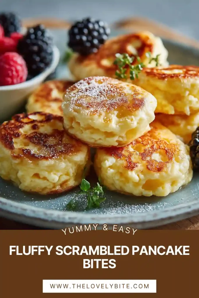 Close-up view of fluffy pancake bites stacked on a breakfast plate with powdered sugar and butter. The mini pancakes have a light texture and golden brown edges.