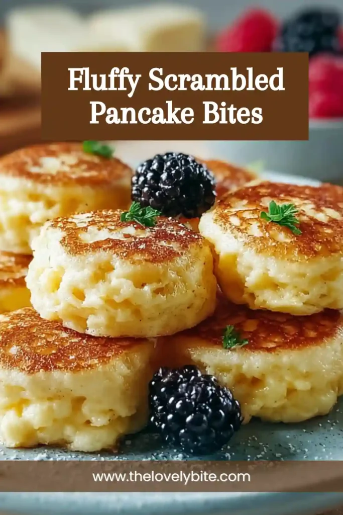 Freshly cooked Fluffy Scrambled Pancake Bites in a skillet with melted butter and fruit toppings. These homemade pancake bites are soft, tender, and delicious.