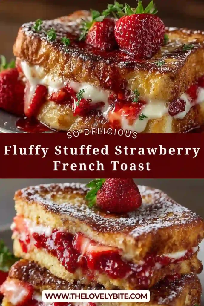Golden fluffy stuffed strawberry French toast served with fresh strawberries and powdered sugar on a breakfast plate. The creamy ricotta filling melts inside thick brioche bread for a rich brunch recipe.